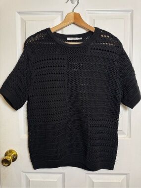 M.M.LaFleur Black Cotton Open Knit Short Sleeve Sweater Top Size Large Classic